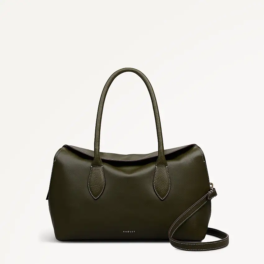 Liverpool Gardens Leather Medium Ziptop Grab Bag in Pine Needle - 112749