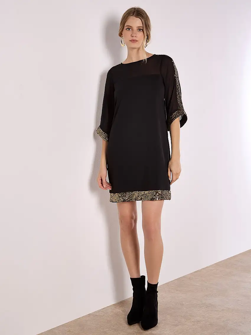 Sequin Embellished Crepe Shift Dress Black