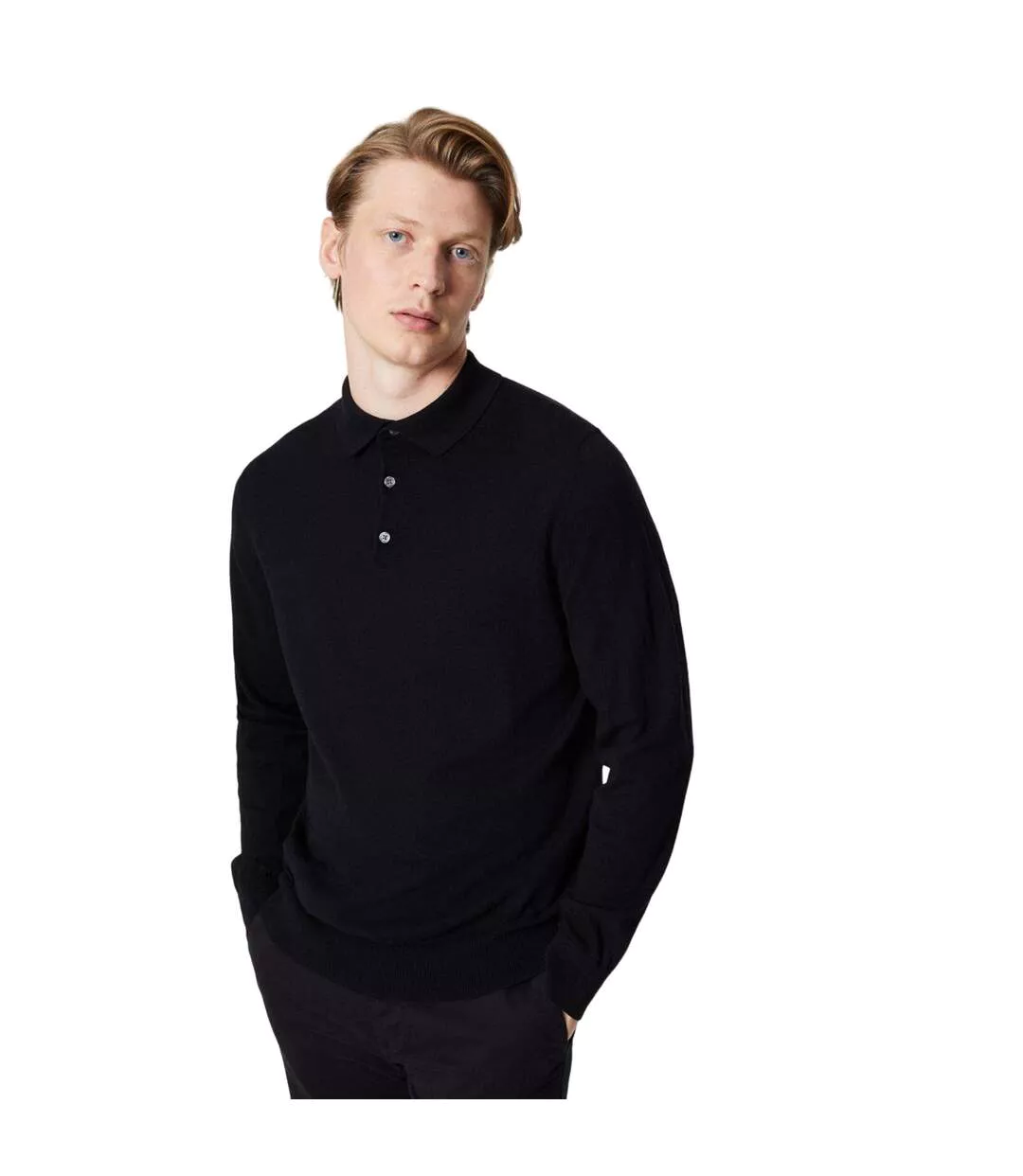 Mens Knitted Cotton Long-sleeved Polo Shirt Black Burton