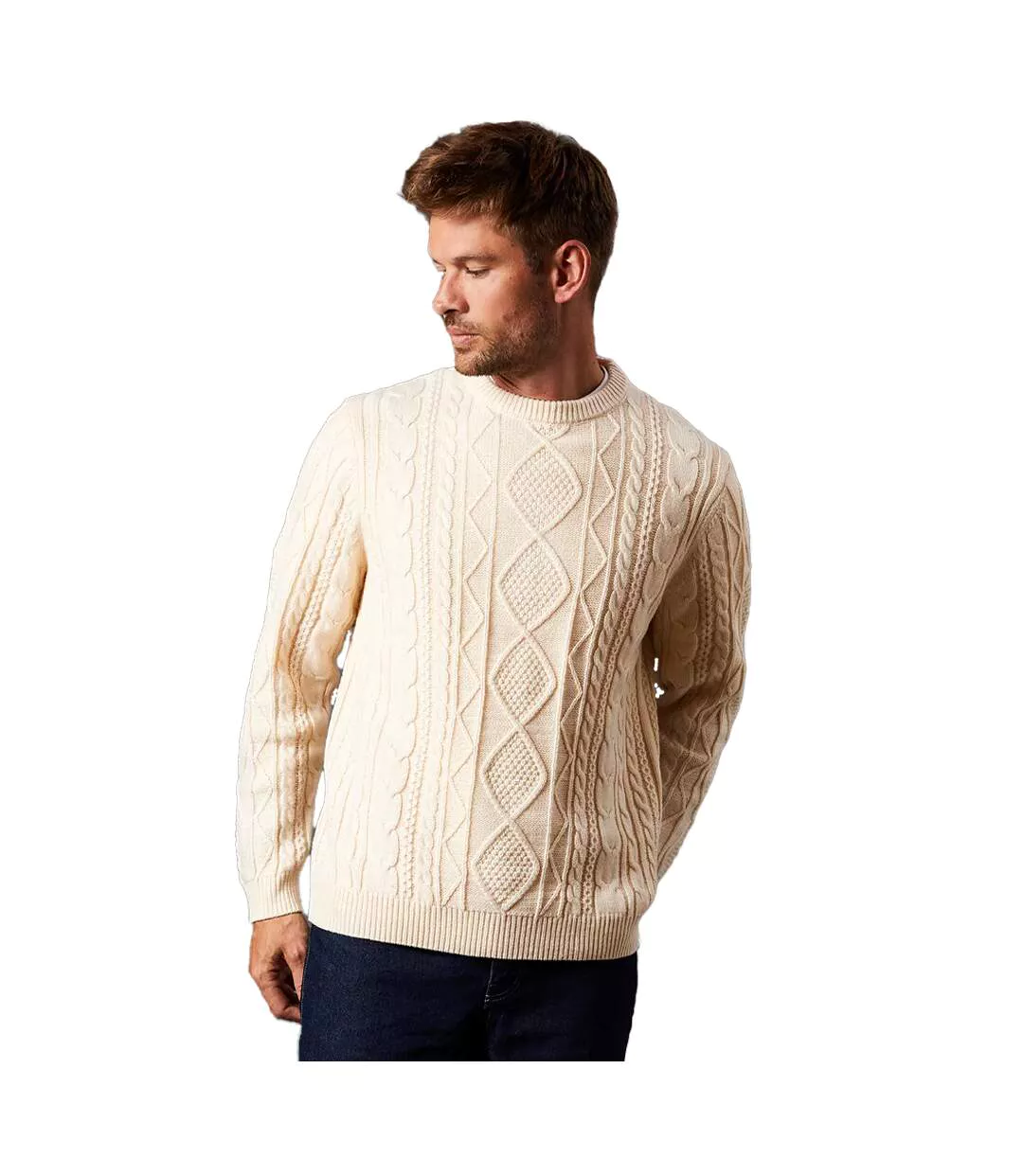 Mens cable knit crew neck jumper off white Burton