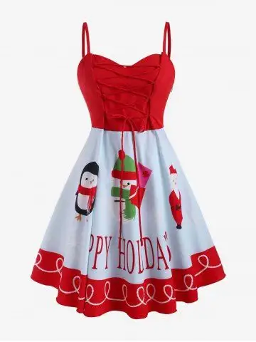 Christmas Snowman Santa Claus Lace Up Plus Size Cami Dress - 1x