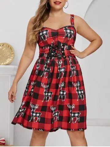 Christmas Elk Plaid Lace Up Plus Size Dress - 1x