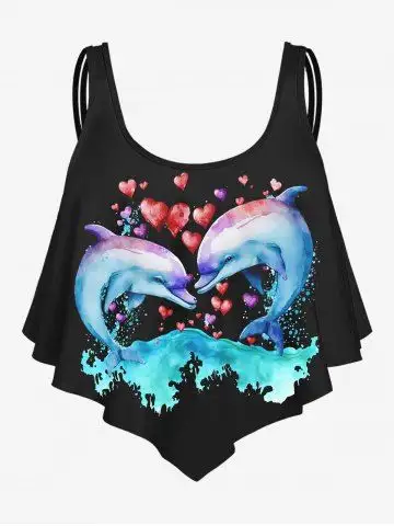 3D Dolphin Sea Waves And Heart-Shape Printed Tankini Top - S
