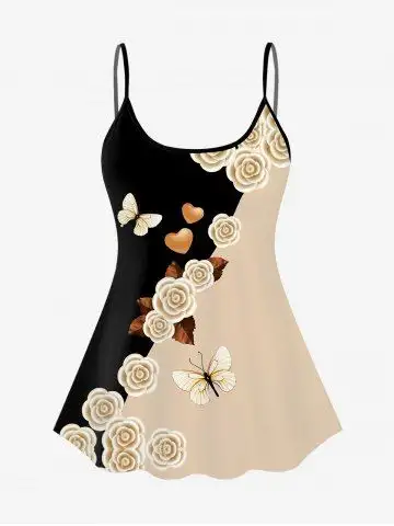 3D Butterfly Heart Flower Colorblock Print Backless Spaghetti Strap Tankini Top - Xs