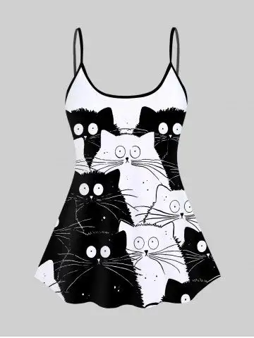 3D Black White Cat Print Backless Spaghetti Strap Tankini Top - 5x