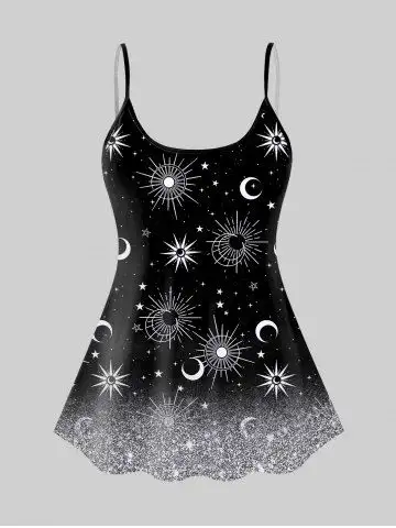 3D Sparkling Sequin Glitter Sun Moon Star Print Backless Spaghetti Strap Tankini Top - 6x