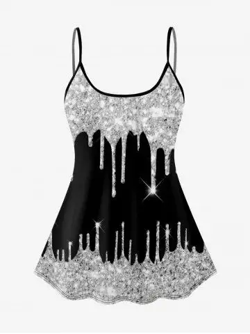 3D Sparkling Sequin Glitter Print Open Back Strap Tankini Top - 4x