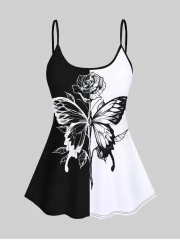 3D Flower Leaves Butterfly Colorblock Print Backless Spaghetti Strap Tankini Top - 1x