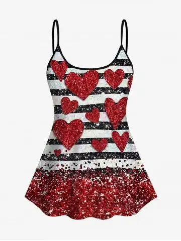 Valentine's Day Heart Stripes Colorblock Sparkling Sequin Glitter 3D Print Tankini Top - 2x