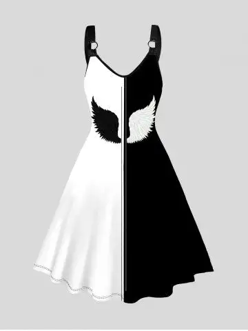 Wing Print Two Tone Sleeveless O Ring A Line Dress - L