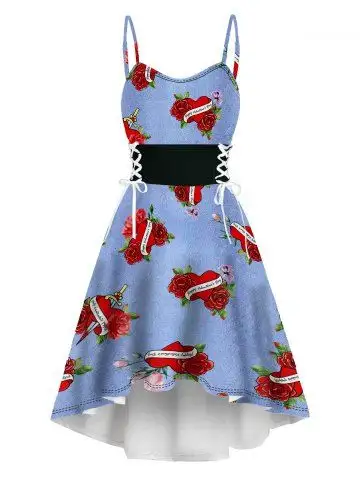 Valentine's Day Heart Rose Print Faux Denim 3D Print Lace Up High Low Dress - S