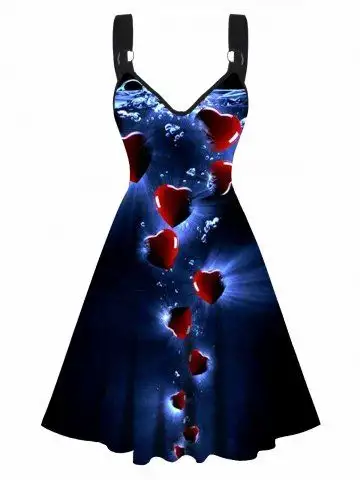 Water Heart Print Valentine's Day V Neck Sleeveless A Line Dress - Xl
