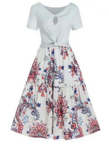 Vacation Twisted Cut Out Flower Print High Waist A Line Midi Dress - Xxxl