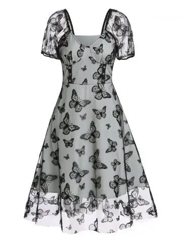 Vivid Butterfly Print Mesh High Waisted Summer A Line Midi Dress - L