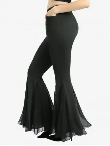 Sheer Mesh Patchwork Pockets Ruffles Flare Pants - L