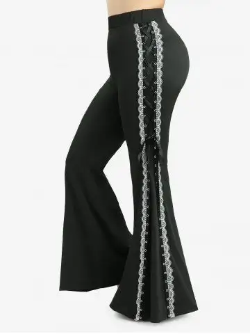 Plus Size Lace Up Lace-trim Grommets Side Two Tone Flare Pants - 1x | Us 14-16