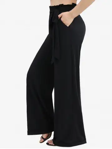Plus Size Solid Color Waist Ruffles Wide Leg Pants With Tie Belt - 5x | Us 30-32