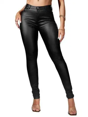 Zipper Fly Pockets Solid Color Long Skinny PU Pants - 2xl