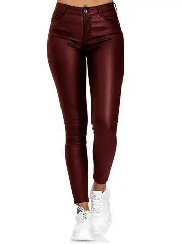 Zipper Fly Pockets Solid Color Long Skinny PU Pants - 3xl