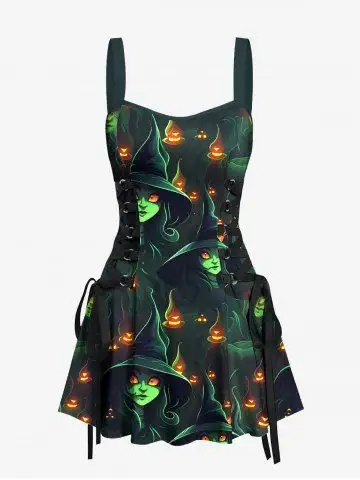 Wizard Pumpkin Print Halloween Lace Up A Line Tank Dress - L