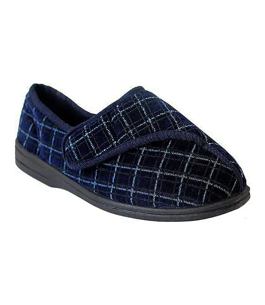 Zedzzz Mens George Touch Fastening Check Velour Slippers (Navy Blue) - UTDF843