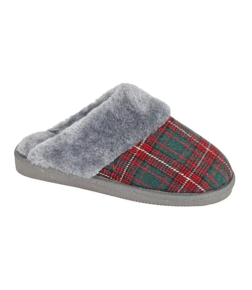 Womens/ladies Leyla Checked Slippers Red Sleepers