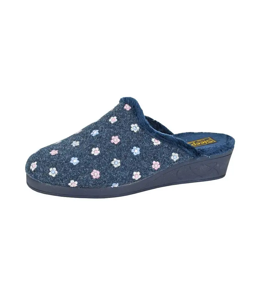 Womens/ladies Josephine Floral Embroidery Mule Slippers Navy Sleepers