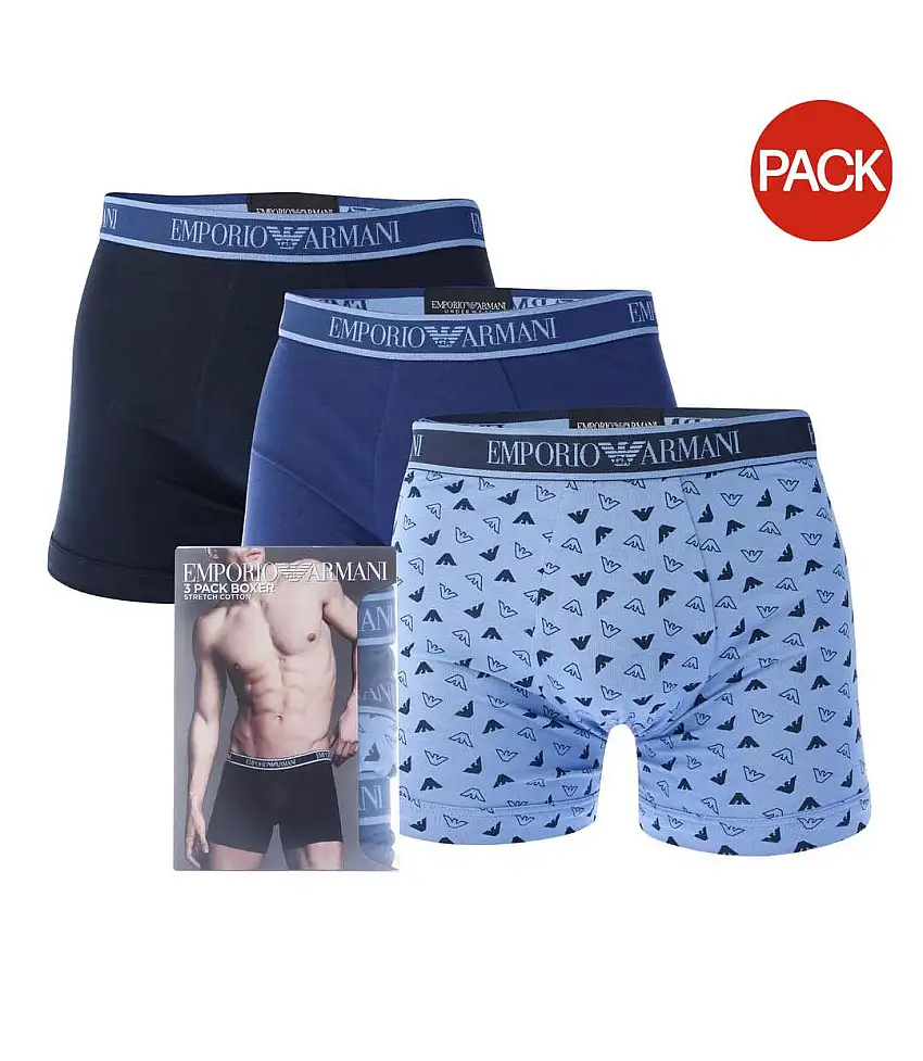 Pack Of 3 Mens Core Logo Boxer Shorts Blue Light Blue Dark Blue Emporio Armani