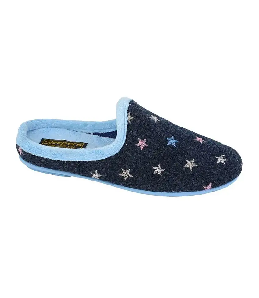 Womens/ladies Ellie Star Motif Mule Slippers Navy Blue Sleepers