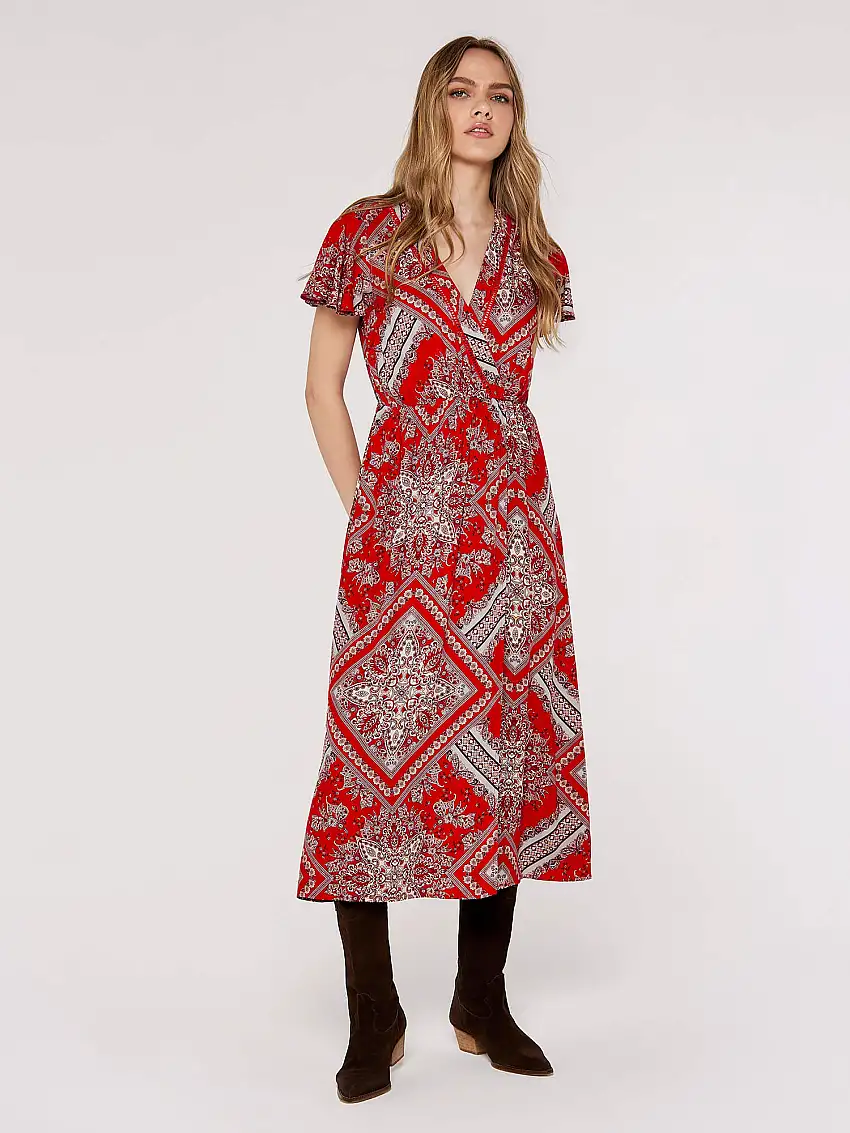 Scarf Print Midaxi Dress Red