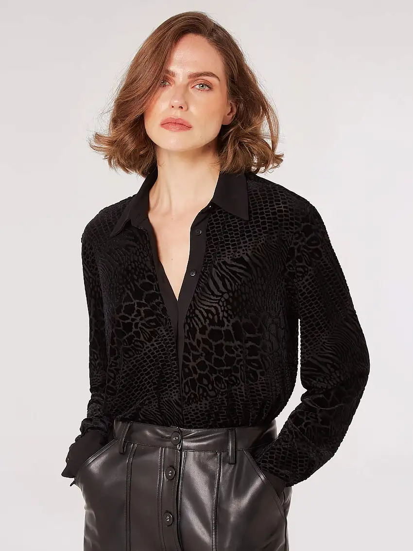 Animal Print Burnout Velvet Shirt Black