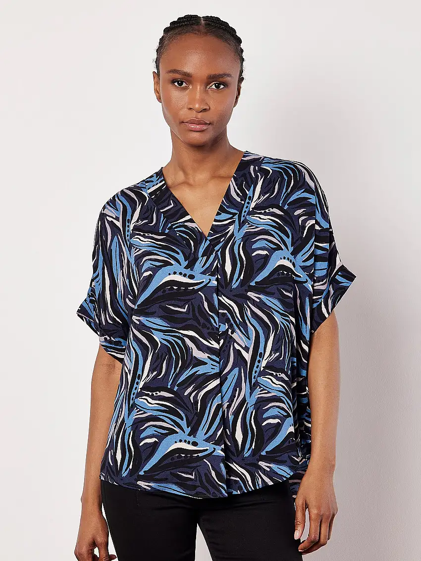 Abstract Print Pleat Blouse Navy