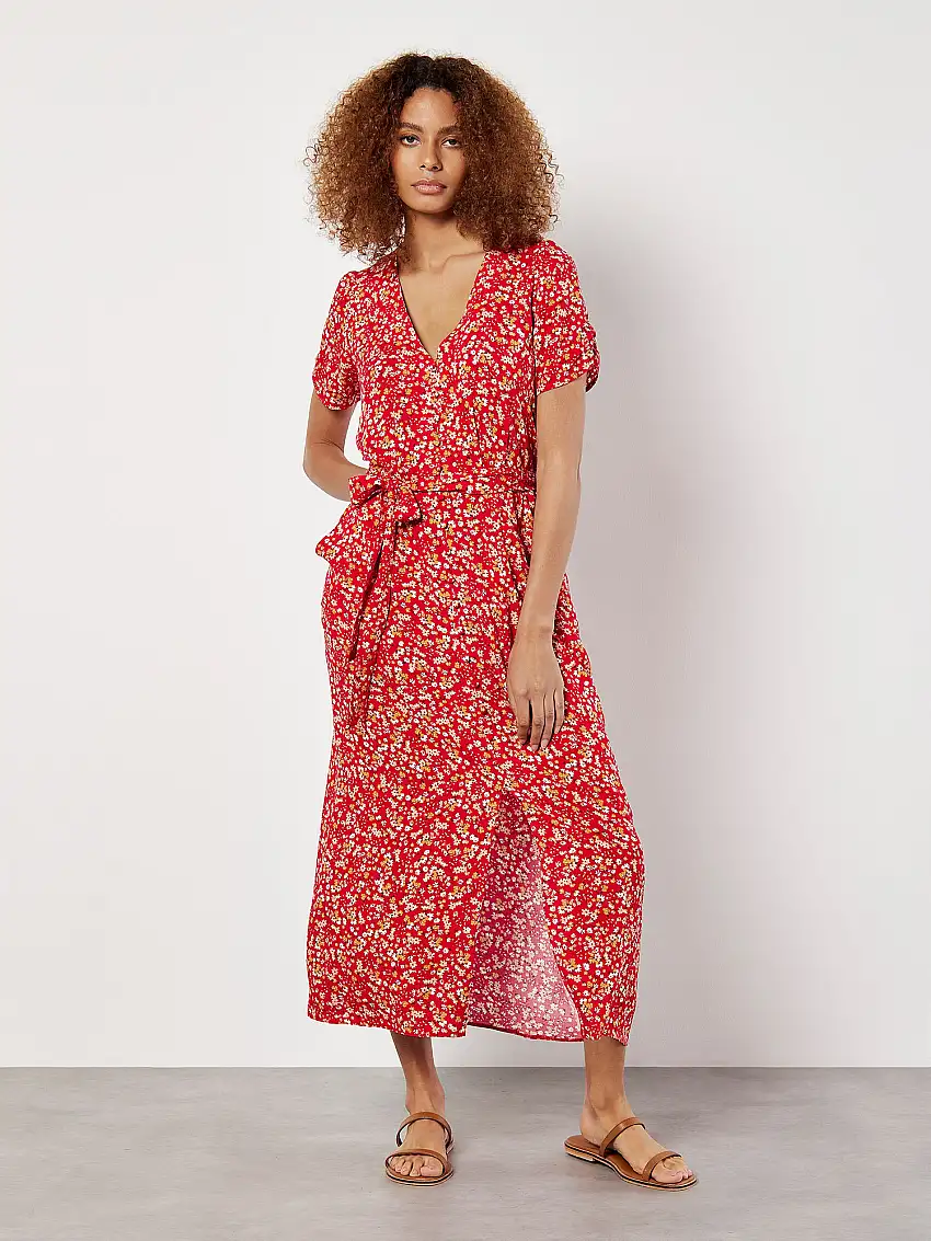 Ditsy Floral Decorative Button Midi Dress Red