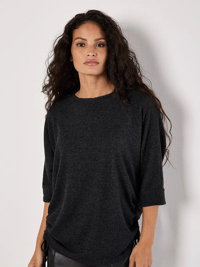 Soft Touch Drawstring Batwing Top Grey