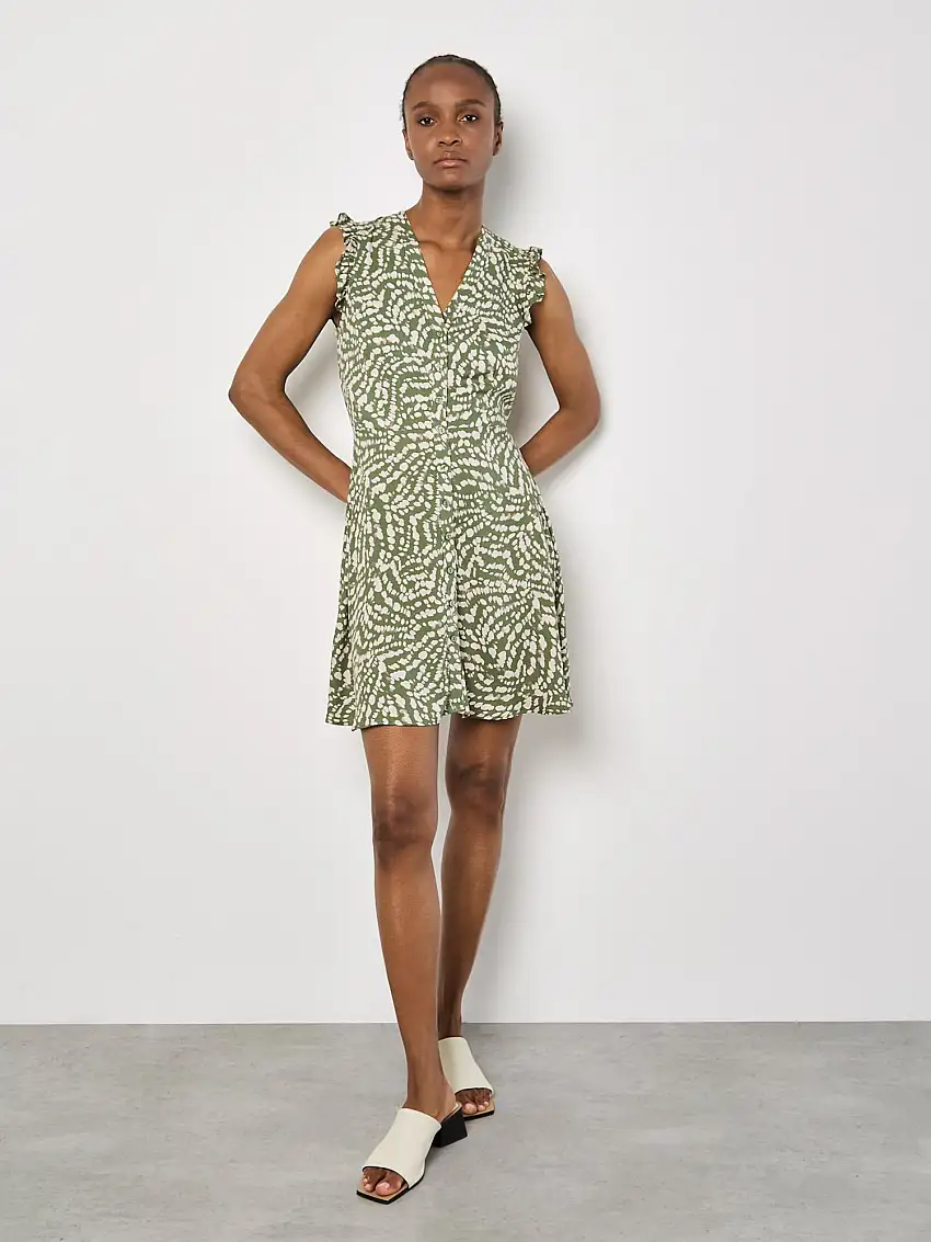 Abstract Spot Ruffle Mini Dress Green