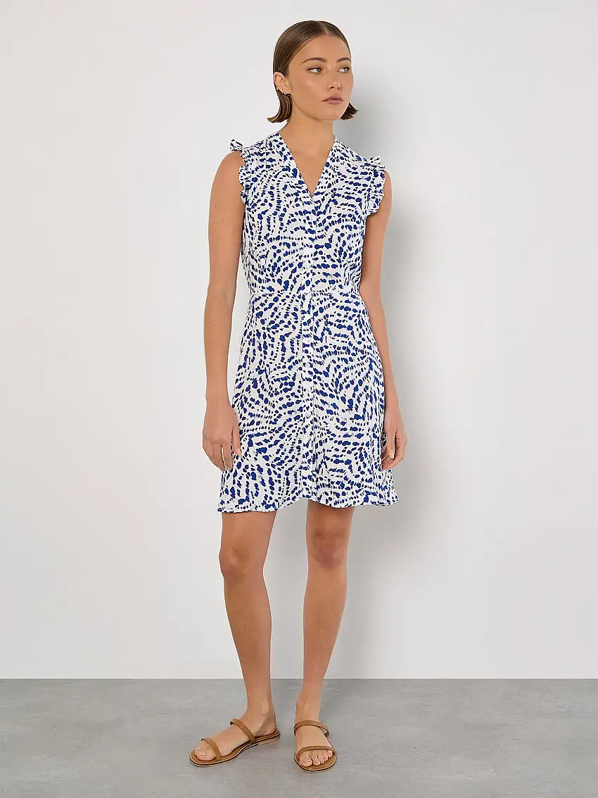 Abstract Spot Ruffle Mini Dress Blue