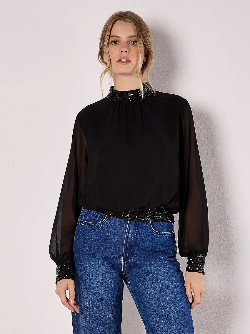 Sequin Trim Chiffon Top Black