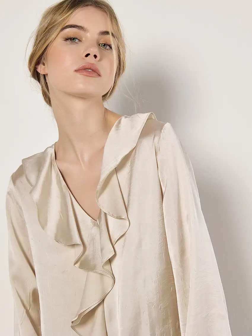 Textured Satin Ruffle Blouse Cream