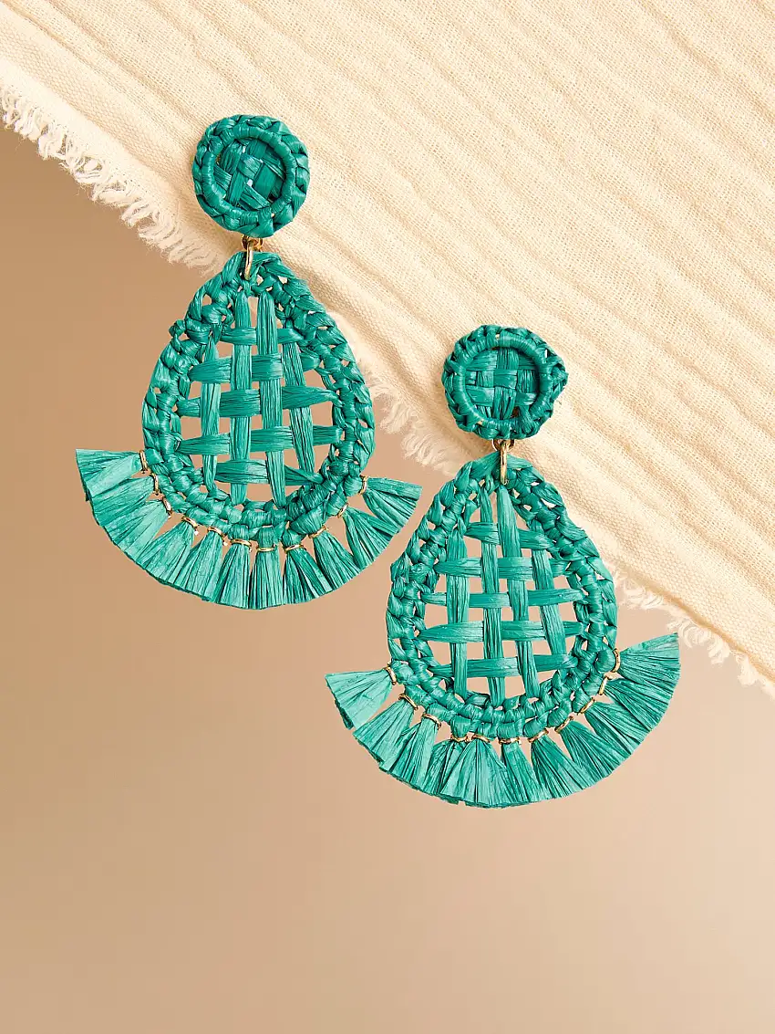 Raffia Oval Fan Earrings Blue