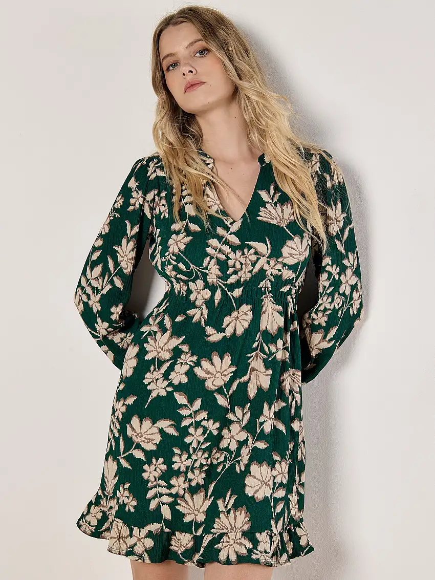 Crinkle Floral Mini Dress Green