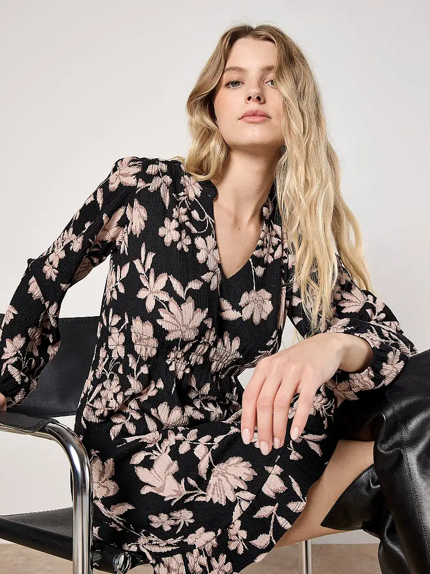 Crinkle Floral Mini Dress Black