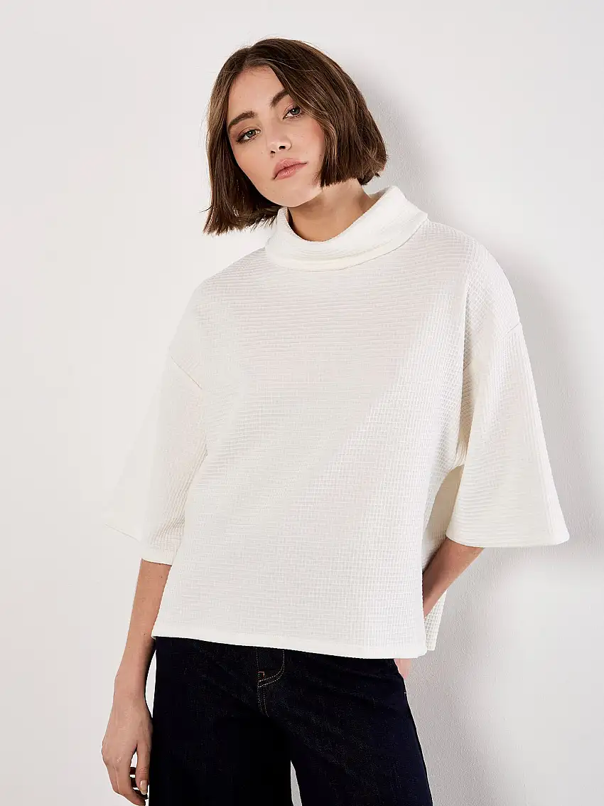 Waffle Knit Mock Neck T-Shirt Cream