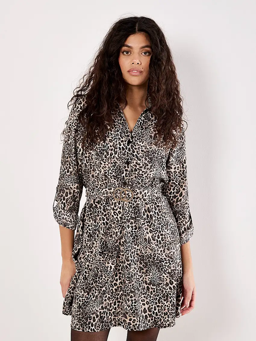 Animal Print Crepe Shirt Mini Dress Stone