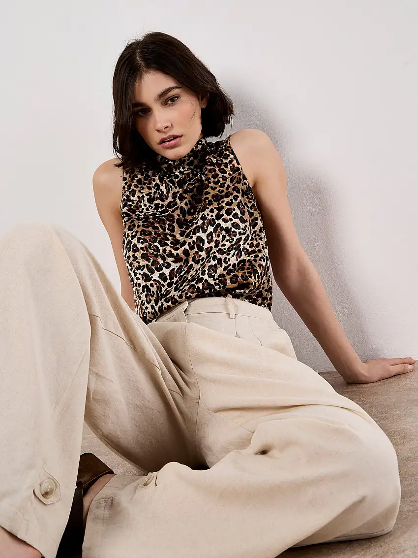 Textured Satin Leopard Print Top Stone