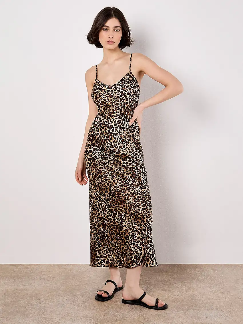 Leopard Print Textured Slip Midi Dress Stone