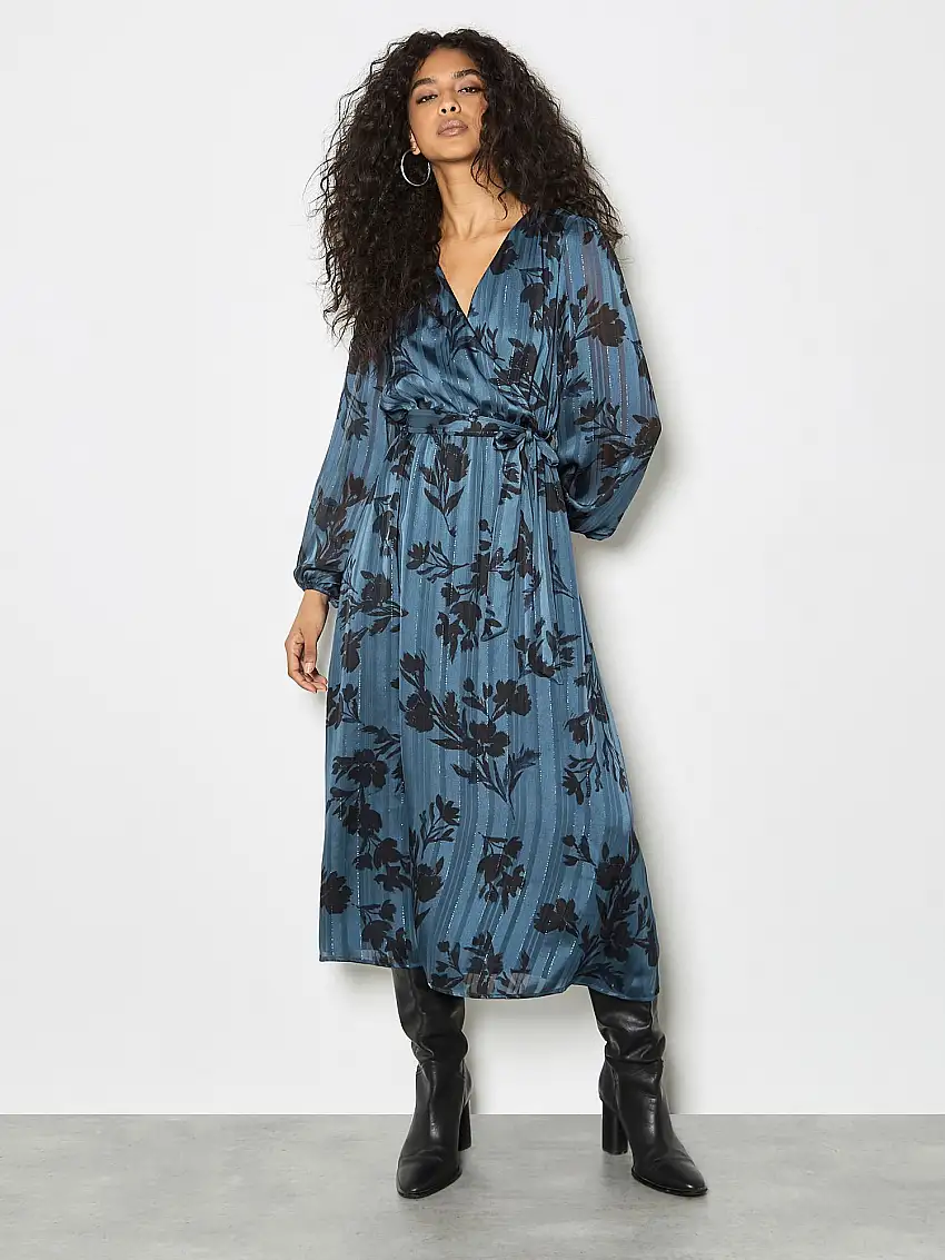 Satin Shimmer Floral Wrap Midaxi Dress Blue