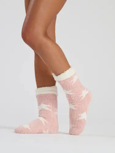 Pink Star Chenille Sherpa Lined Slipper Socks