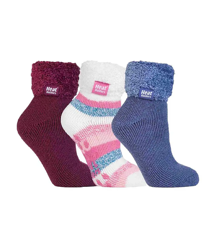 Ladies 3 Pair Multipack Fluffy Fleece Slipper Bed Socks with Non Slip Grips