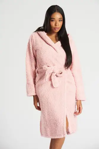 Dusky Rose Borg Fleece Hooded Bath Robe
