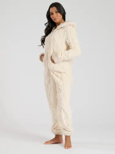 Cream Cable Cut Fleece Fur Lined Hood Onesie